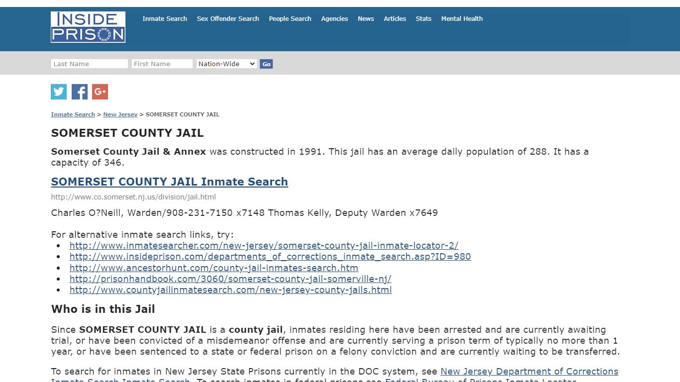 SOMERSET COUNTY JAIL - New Jersey - Inmate Search - Inside Prison